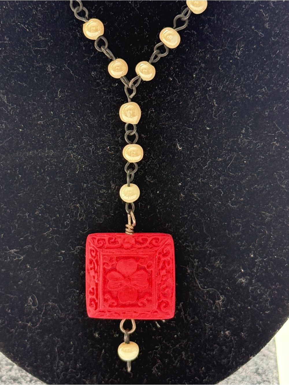 Red Carved Square Pendant Necklace - Women Jewelry